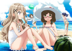 Rule 34 | 4girls, :d, abe kanari, alternate costume, ankle cuffs, aoki momo, arms up, ball, beach, beachball, bikini, blanket, blouse, blue eyes, blue hair, blue sky, braid, braided ponytail, brown eyes, brown hair, brown shorts, cloud, collarbone, commentary request, day, eating, food, from side, fruit, green eyes, hair bobbles, hair ornament, hands on own thighs, hat, high school fleet, holding, holding sketchbook, horizon, knees together feet apart, leaning back, leaning forward, light brown hair, long hair, looking at another, looking up, low twintails, multiple girls, ocean, on ground, one-piece swimsuit, open mouth, outdoors, pink bikini, ponytail, popsicle, red-framed eyewear, semi-rimless eyewear, shirt, short hair, short sleeves, shorts, sideways glance, single braid, sitting, sketchbook, sky, smile, standing, sun hat, swimsuit, t-shirt, tongue, tongue out, twintails, uda megumi, under-rim eyewear, very long hair, watermelon, wazumi hime, white one-piece swimsuit, white shirt, x hair ornament, yagi tsugumi, yellow bikini