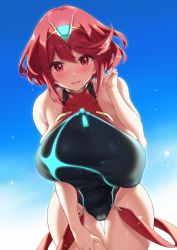 Rule 34 | 1girl, bare shoulders, black one-piece swimsuit, blue sky, blush, breasts, chest jewel, competition swimsuit, earrings, fuya (tempupupu), jewelry, large breasts, looking at viewer, one-piece swimsuit, open mouth, pyra (pro swimmer) (xenoblade), pyra (xenoblade), red eyes, red hair, red one-piece swimsuit, short hair, sky, smile, solo, swept bangs, swimsuit, tiara, two-tone swimsuit, xenoblade chronicles (series), xenoblade chronicles 2