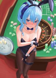 Rule 34 | 1girl, alcohol, animal ears, bare shoulders, blue eyes, blue hair, blue nails, blush, bow, bowtie, champagne, champagne flute, collarbone, cup, drinking glass, eipanguino, fake animal ears, from above, gloves, hair between eyes, highres, hololive, hoshimachi suisei, leotard, medium hair, nail polish, pantyhose, partially fingerless gloves, playboy bunny, poker chip, poker table, rabbit ears, side ponytail, solo, table, thigh strap, virtual youtuber, wrist cuffs