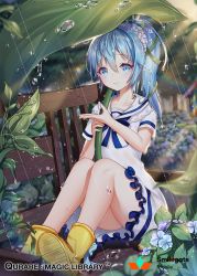 Rule 34 | 1girl, bench, blue eyes, blue hair, blush, boots, choker, collarbone, company name, copyright name, flower, green ribbon, hair ribbon, hydrangea, leaf umbrella, long hair, looking at viewer, ponytail, qurare magic library, rain, ribbon, rubber boots, short sleeves, sitting, snow is, solo, water drop, yellow footwear