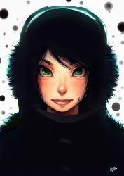 Rule 34 | 1girl, andrewcockroach, black hair, closed mouth, earmuffs, eye focus, eyelashes, green eyes, hood, hood up, looking at viewer, original, pink lips, signature, smile, solo, upper body