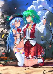Rule 34 | 2girls, :&gt;, angry, arms behind back, ascot, bdsm, blue hair, bondage, boots, bound, bra, destruction, fire, flower, green hair, hat, hinanawi tenshi, kazami yuuka, knee boots, kneeling, looking away, mary janes, multiple girls, navel, panties, patorishia, patricia (stylish marunage), petals, plaid, plaid vest, red eyes, restrained, shaded face, shoes, smoke, socks, striped bra, striped clothes, striped panties, sweatdrop, team shanghai alice, thighhighs, torn clothes, touhou, underwear, vertical-striped bra, vertical-striped clothes, vest, white legwear