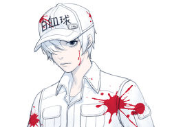 Rule 34 | 1boy, black eyes, blood, blood on clothes, closed mouth, collared jacket, expressionless, hair over one eye, hataraku saibou, jacket, looking at viewer, male focus, one eye covered, pale skin, sanpaku, short hair, simple background, siun, solo, spot color, u-1146, upper body, white background, white blood cell (hataraku saibou), white hair, white headwear, white jacket, wing collar