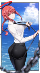 Rule 34 | 1girl, ass, ass support, black necktie, black pants, blood, blood halo, blouse, blurry, braid, braided ponytail, breasts, chain, chain leash, chainsaw man, collared shirt, depth of field, formal, from behind, halo, highres, huge ass, kippuru, leash, liquid halo, makima (chainsaw man), necktie, orange eyes, pants, pantylines, pov, red hair, red halo, ringed eyes, shirt, sideboob, simple background, single braid, smile, solo, thighs, tight clothes, tight pants, viewer on leash, white background, white shirt