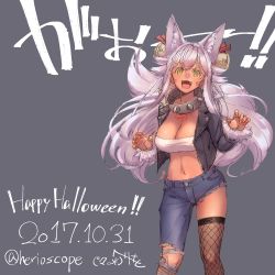 Rule 34 | 1girl, :d, asymmetrical clothes, text background, bandeau, bell, black jacket, blush, breasts, cleavage, collar, dark-skinned female, dark skin, dated, denim, fangs, feet out of frame, fishnet thighhighs, fishnets, fur-trimmed jacket, fur-trimmed sleeves, fur trim, grey background, hair bell, hair ornament, happy halloween, herio, jacket, jeans, jingle bell, large breasts, legs apart, long hair, long sleeves, looking at viewer, navel, open clothes, open jacket, open mouth, original, pants, pink hair, single pantsleg, single thighhigh, smile, solo, spiked collar, spikes, stomach, tareme, tattoo, thighhighs, translation request, twitter username, v-shaped eyebrows, very long hair
