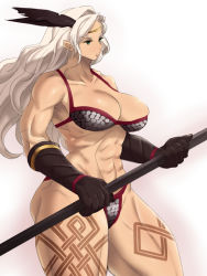 Rule 34 | amazon (dragon&#039;s crown), amazon warrior, blonde hair, breasts, curvy, dragon&#039;s crown, feather hair ornament, feathers, gloves, green eyes, hair ornament, kuruta, large breasts, lips, long hair, muscular, sketch, tattoo, thick thighs, thighs, toned