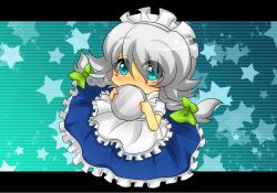 Rule 34 | 1girl, apron, blue background, blue eyes, bow, braid, chibi, covering own mouth, hair bow, izayoi sakuya, letterboxed, looking at viewer, maid headdress, sekai yusuke, short hair, short sleeves, silver hair, skirt, skirt set, sparkle, star (symbol), striped, striped background, touhou, tray, twin braids, waist apron