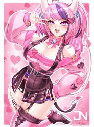Rule 34 | 1girl, absurdres, belt, breasts, cowboy shot, demon tail, hair ornament, heart, heart hair ornament, highres, horns, indie virtual youtuber, ironmouse, jnstudio, large breasts, multicolored hair, pink hair, purple eyes, shirt, shoes, socks, solo, sweater, tail, virtual youtuber, vshojo