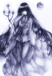 Rule 34 | 1girl, aofuji sui, bad id, bad pixiv id, branch, covering own mouth, female focus, full moon, graphite (medium), hand over mouth, hand over own mouth, houraisan kaguya, jeweled branch of hourai, jpeg artifacts, long hair, looking at viewer, monochrome, moon, sleeves past wrists, smirk, solo, touhou, traditional media, very long hair