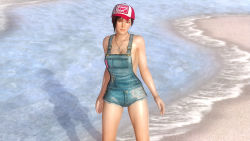 Rule 34 | 1girl, 3d, baseball cap, beach, blue eyes, breasts, cowboy hsot, cross, cross necklace, cutoffs, dead or alive, dead or alive 5, denim, facing viewer, hat, jewelry, looking at viewer, medium breasts, mila (doa), naked overalls, necklace, no bra, ocean, official art, outdoors, overall cutoffs, overalls, red hair, revealing clothes, short hair, sideboob, solo, spaniard, spanish (nationality), standing, trucker hat