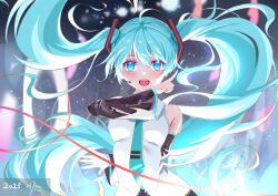 Rule 34 | 1girl, 2023, :d, absurdres, ahoge, arm behind back, black sleeves, blue eyes, blue hair, blue necktie, blurry, blurry background, blush, collared shirt, commentary, dated, detached sleeves, eyebrows hidden by hair, floating hair, hair between eyes, hair intakes, hatsune miku, headphones, headset, highres, index finger raised, long hair, long sleeves, looking at viewer, microphone, necktie, oni gaka, open mouth, shirt, sleeveless, sleeveless shirt, smile, solo, standing, twintails, very long hair, vocaloid, white shirt, wing collar
