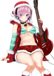 Rule 34 | 1girl, alternate costume, bikini, blush, breasts, cable, christmas, closed mouth, coat, detached sleeves, duffel coat, electric guitar, fate/grand order, fate (series), fur trim, gibson sg, green bikini, guitar, hat, headphones, instrument, jirusu, knees together feet apart, large breasts, looking at viewer, mash kyrielight, miniskirt, open clothes, open coat, red skirt, santa hat, short hair, sitting, skirt, smile, solo, striped bikini, striped clothes, swimsuit, thighs