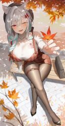 Rule 34 | 1girl, absurdres, animal ears, autumn leaves, bag, bench, beret, breasts, brown pantyhose, cat ears, cleavage, crossed legs, dress, fang, from above, hair ornament, hair over shoulder, hairclip, handbag, hat, hero time, highres, holding, jeon-eo konoshiro, jewelry, large breasts, leaf, leaning forward, long sleeves, looking at viewer, maple leaf, multicolored hair, necklace, one eye closed, open mouth, original, outstretched arm, pantyhose, plaid, plaid dress, red dress, red eyes, see-through, see-through cleavage, shirt, shoes, short dress, sitting, sleeveless, sleeveless dress, smile, solo, streaked hair, thigh strap, thighs, white hair, white shirt