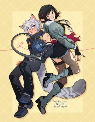 1boy 1girl animal_ears black_gloves black_hair boots cat_boy cat_ears cat_tail couple fingerless_gloves full_body fur_collar gloves green_eyes hawberries heart heart_of_string hetero jane_doe_(zenless_zone_zero) looking_at_viewer mouse_ears mouse_girl mouse_tail open_mouth purple_eyes seth_lowell short_hair smile tail thighhighs torn_clothes torn_thighhighs white_hair zenless_zone_zero