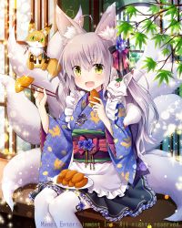 Rule 34 | 1girl, ahoge, animal ears, blush, chopsticks, falkyrie no monshou, fang, food, fox ears, fox tail, green eyes, grey hair, holding, holding chopsticks, looking at viewer, natsumekinoko, official art, open mouth, plate, sitting, smile, solo, tail, thighhighs, white thighhighs
