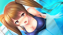 Rule 34 | 1girl, artist request, bare shoulders, black swan (company), blue one-piece swimsuit, blue school swimsuit, blush, breasts, brown eyes, brown hair, cleavage, collarbone, game cg, large breasts, leaning forward, long hair, looking at viewer, one-piece swimsuit, ono maria, open mouth, saimin switch ~kyoushi no hiretsu na wana~, school swimsuit, solo, standing, swimsuit, teeth, twintails, wet