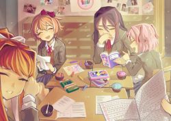 Rule 34 | 4girls, :d, absurdres, blazer, blue skirt, book, book on lap, bow, brown hair, chair, classroom, closed eyes, collared shirt, commentary, copyright name, covering own mouth, crayon, cupcake, day, desk, doki doki literature club, facing viewer, food, grey jacket, grin, hair between eyes, hair bow, hair intakes, hair ornament, hairclip, hand over own mouth, hand up, head tilt, highres, holding, holding book, holding paper, indoors, jacket, laughing, light particles, long hair, long sleeves, monika (doki doki literature club), multiple girls, natsuki (doki doki literature club), neck ribbon, open mouth, paper, photo (object), pink hair, pleated skirt, pointing, ponytail, pov, pov hands, protagonist (doki doki literature club), purple hair, red bow, red ribbon, ribbon, sayori (doki doki literature club), school, school chair, school desk, school uniform, shirt, short hair, sidelocks, sitting, skirt, smile, spoon, sunlight, tagme, teeth, wetryuuyiop, white bow, white ribbon, white shirt, wing collar, yuri (doki doki literature club)
