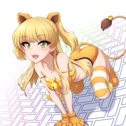 Rule 34 | 1girl, akai (riaakai), animal hands, bell, blonde hair, blush, boots, commission, gloves, green eyes, idolmaster, idolmaster cinderella girls, jingle bell, jougasaki rika, long hair, open mouth, orange footwear, orange shorts, paid reward available, paw gloves, shorts, simple background, skeb commission, solo, striped clothes, striped thighhighs, tail, teeth, thighhighs, twintails, upper teeth only, white background, yellow stripes