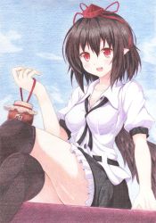 Rule 34 | 1girl, black hair, black thighhighs, blush, colored pencil (medium), crossed legs, hat, highres, kittona, open mouth, pointy ears, red eyes, shameimaru aya, short hair, sitting, skirt, smile, solo, thighhighs, tokin hat, touhou, traditional media, wings