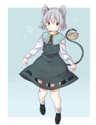 Rule 34 | 1girl, akagashi hagane, animal ears, basket, capelet, dress, gem, grey dress, grey hair, jewelry, long sleeves, looking at viewer, mouse (animal), mouse ears, mouse tail, nazrin, necklace, pendant, pink eyes, see-through, shirt, solo, tail, touhou