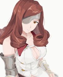 Rule 34 | 1girl, armor, beatrix (ff9), breasts, brown eyes, brown hair, cleavage, cleavage cutout, clothing cutout, curly hair, dress, eyepatch, final fantasy, final fantasy ix, gloves, head tilt, highres, large breasts, long hair, looking at viewer, solo, white background, white dress, white gloves, yawai tofu