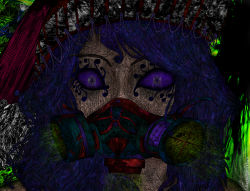 Rule 34 | 1girl, alternate costume, alternate hairstyle, artist name, blue hair, check translation, commentary, doremy sweet, eyebrows, gas mask, green background, hat, light, long hair, looking at viewer, mask, mutation, nightcap, poison, pom pom (clothes), purple eyes, respirator, soggates-nyan (amurka-chan), solo, text focus, touhou, translation request