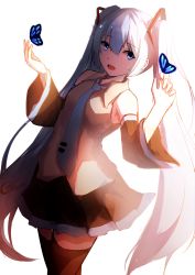 Rule 34 | 1girl, absurdres, aqua necktie, bare shoulders, black skirt, black sleeves, black thighhighs, bloom, blue butterfly, blue eyes, blue hair, bug, butterfly, butterfly on hand, chinese commentary, commentary, detached sleeves, grey shirt, hair ornament, hands up, hatsune miku, headset, highres, insect, long hair, looking to the side, necktie, open mouth, shimmer, shirt, sidelighting, skirt, sleeveless, sleeveless shirt, solo, thighhighs, twintails, very long hair, vocaloid, zettai ryouiki