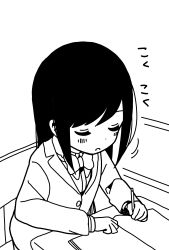 Rule 34 | 1girl, blazer, blush, bow, bowtie, chair, closed eyes, collared shirt, commentary request, desk, dot nose, grey background, greyscale, highres, hitori bocchi, hitoribocchi no marumaru seikatsu, holding, holding pencil, indoors, jacket, katsuwo (cr66g), long hair, long sleeves, monochrome, motion lines, notebook, on chair, open mouth, pencil, school chair, school desk, school uniform, shirt, simple background, sitting, sleeping, sleeping upright, solo, split mouth