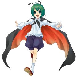 Rule 34 | 1girl, antennae, bad id, bad pixiv id, blush, cape, female focus, full body, green eyes, green hair, highres, matching hair/eyes, open mouth, outstretched arms, ri hisashi, rio (usagiya), short hair, smile, solo, spread arms, touhou, transparent background, wriggle nightbug