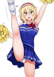 Rule 34 | 1girl, :d, adapted costume, alice margatroid, alternate costume, arm up, armpits, bare legs, blonde hair, blue eyes, blue shirt, blue skirt, blush, bouncing breasts, breasts, cheerleader, cowboy shot, hair between eyes, hairband, heart, large breasts, leg up, lolita hairband, looking at viewer, miniskirt, motion lines, necktie, open mouth, panties, pantyshot, pleated skirt, pom pom (cheerleading), poshi (ginmokusei), red necktie, shirt, shoes, short hair, sideboob, simple background, skirt, sleeveless, sleeveless shirt, smile, sneakers, solo, split, standing, standing on one leg, sweat, touhou, underwear, white background, white footwear, white panties