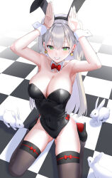 Rule 34 | 1girl, animal ears, bare shoulders, black leotard, bow, bowtie, breasts, checkered floor, cleavage, collarbone, commentary, covered navel, detached collar, dice earrings, earrings, fake animal ears, gluteal fold, green eyes, grey hair, hair between eyes, hands up, highres, jewelry, kfr, large breasts, leotard, long hair, looking at viewer, original, playboy bunny, rabbit, rabbit ears, red bow, red bowtie, sitting, smile, solo, symbol-only commentary, thighs