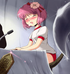 Rule 34 | 1girl, alternate costume, bare legs, blade, blush, buruma, chair, commentary request, closed eyes, female focus, flower, flx, gym uniform, hair ornament, hieda no akyuu, microphone, open mouth, pink hair, rod of remorse, scythe, sitting, solo, touhou, trembling