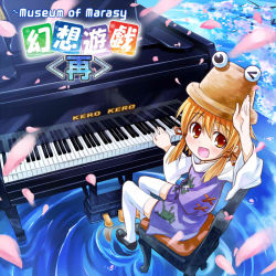 Rule 34 | 1girl, :d, album cover, blonde hair, cover, female focus, grand piano, hat, instrument, looking back, moriya suwako, nature, one eye closed, open mouth, piano, plant, pyonta, ripples, sakino shingetsu, salute, short hair, sitting, smile, solo, thighhighs, touhou, water, white thighhighs, wink, yellow eyes