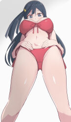 Rule 34 | 1girl, :o, absurdres, bikini, black hair, breasts, cameltoe, crotch, from below, gluteal fold, grey eyes, highres, large breasts, long hair, looking at viewer, looking down, love live!, love live! nijigasaki high school idol club, navel, one side up, red bikini, simple background, solo, stomach, swimsuit, thighs, wewe, white background, yuki setsuna (love live!)
