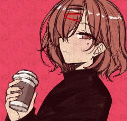Rule 34 | 1girl, absurdres, black hoodie, blush, brown hair, closed mouth, coffee cup, cup, disposable cup, from side, hair ornament, highres, higuchi madoka, holding, holding cup, hood, hoodie, idolmaster, idolmaster shiny colors, looking at viewer, mole, mole under eye, purple eyes, red background, short hair, simple background, sketch, solo, upper body, yunodon (sugar maple)