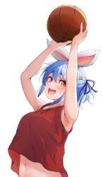 Rule 34 | :d, absurdres, animal ears, armpits, ball, basketball, basketball (object), basketball jersey, basketball uniform, blue hair, breasts, carrot hair ornament, fake animal ears, food-themed hair ornament, hair ornament, highres, holding, holding ball, hololive, maccaron61, medium breasts, navel, official alternate costume, open mouth, orange eyes, purple ribbon, rabbit ears, red tank top, ribbon, short eyebrows, short twintails, smile, sportswear, stomach, tank top, thick eyebrows, transparent background, twintails, usada pekora, virtual youtuber