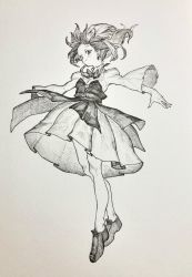 Rule 34 | 1girl, absurdres, blush, bow, bowtie, closed mouth, earrings, floating hair, full body, greyscale, highres, jewelry, juliet sleeves, loafers, long sleeves, looking at viewer, mashimashi, monochrome, monochrome, no socks, original, pleated skirt, puffy sleeves, shoes, skirt, solo, traditional media