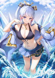 Rule 34 | 1girl, ayaka (genshin impact), bare shoulders, bikini, blue eyes, blue hair, blunt bangs, breasts, cleavage, closed mouth, collarbone, genshin impact, gold choker, hair ornament, hand up, highres, large breasts, long hair, long sleeves, looking at viewer, lunacle, navel, off shoulder, outdoors, ponytail, smile, solo, swimsuit, thighs, water