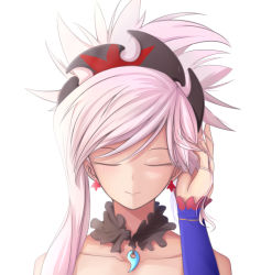 Rule 34 | 1girl, airdoor, closed eyes, collarbone, earrings, fate/grand order, fate (series), hair ornament, hand in own hair, highres, jewelry, miyamoto musashi (fate), miyamoto musashi (second ascension) (fate), pink hair, ponytail, simple background, solo, solo focus, white background