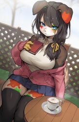 Rule 34 | 1girl, absurdres, animal ears, animal nose, bare shoulders, black hair, black thighhighs, blue eyes, blue skirt, book, breasts, closed mouth, coffee, coffee cup, cup, disposable cup, furry, furry female, highres, holding, holding book, large breasts, long hair, looking at viewer, original, sitting, skirt, snout, solo, suurin (ksyaro), thighhighs, thighs, zettai ryouiki
