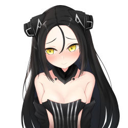 Rule 34 | ..., 1girl, android, bare shoulders, black hair, blush, breasts, cleavage, collarbone, commentary request, detached sleeves, dreamer (girls&#039; frontline), forehead, girls&#039; frontline, hair between eyes, highres, huomao (akcat), long hair, looking away, medium breasts, revealing clothes, sangvis ferri, simple background, smile, white background