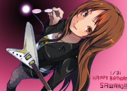 Rule 34 | 1girl, :d, bad id, bad pixiv id, blush, boots, brown eyes, brown hair, casual, dutch angle, unworn eyewear, fishnet pantyhose, fishnets, gibson flying v, from above, gibson, glasses, grey eyes, guitar, happy birthday, heavy metal, heterochromia, holding, holding removed eyewear, instrument, jacket, jewelry, k-on!, leather, leather jacket, long hair, looking up, miniskirt, necklace, nishiuri warito, open clothes, open jacket, open mouth, pantyhose, pendant, skirt, skull, skull and crossbones, smile, solo, standing, yamanaka sawako