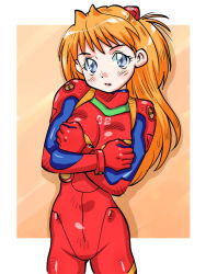 Rule 34 | 1girl, breast hold, breasts, breasts squeezed together, covering breasts, covering privates, cowboy shot, gradient background, ikurumi kaoru, medium breasts, neon genesis evangelion, orange background, outside border, plugsuit, solo, souryuu asuka langley, standing, two side up