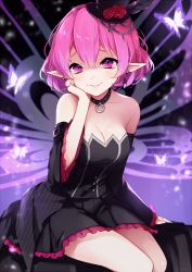 Rule 34 | 1girl, bare shoulders, black dress, blush, breasts, bug, butterfly, choker, cleavage, collarbone, commentary request, detached sleeves, dress, flower, hat, head rest, highres, insect, leafwow, looking at viewer, lucid (maplestory), maplestory, medium breasts, mini hat, pink hair, pointy ears, red eyes, red flower, red rose, rose, short dress, short hair, sitting, smile, solo