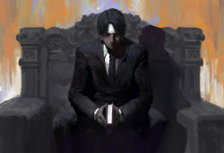 Rule 34 | 1boy, black hair, black jacket, black necktie, black pants, black suit, book, chrollo lucilfer, closed mouth, collared shirt, diaodiao, earrings, formal, headband, holding, holding book, hunter x hunter, jacket, jewelry, kuroro lucifer, long sleeves, looking at viewer, male focus, necktie, pant suit, pants, shade, shaded face, shadow, shirt, sitting, solo, suit, throne, traditional media, white shirt