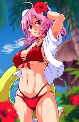Rule 34 | 1girl, :d, abs, ahoge, arm up, beach, bikini, blue sky, blush, breasts, bun cover, cloud, commentary request, cowboy shot, double bun, flower, front-tie bikini top, front-tie top, hair bun, hibiscus, highres, ibaraki kasen, innertube, jacket, large breasts, layered bikini, looking at viewer, navel, nioti, open clothes, open jacket, open mouth, outdoors, palm tree, pink eyes, pink hair, red bikini, red eyes, shiny skin, short hair, short sleeves, sky, smile, solo, swim ring, swimsuit, swimsuit under swimsuit, teeth, toned, touhou, tree, upper teeth only, white jacket