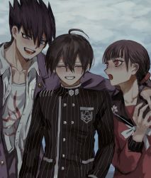 Rule 34 | 1girl, 2boys, ahoge, black hair, black jacket, black sailor collar, blush, breast pocket, brown hair, cloud, collarbone, commentary request, danganronpa (series), danganronpa v3: killing harmony, facial hair, goatee, grey sky, grin, hair up, haji (shame 3800), harukawa maki, highres, jacket, long hair, long sleeves, looking at another, low twintails, mole, mole under eye, momota kaito, multiple boys, open clothes, open jacket, open shirt, outdoors, pink jacket, pocket, print shirt, red eyes, red scrunchie, red shirt, saihara shuichi, sailor collar, scrunchie, shirt, sky, smile, spiked hair, striped clothes, striped jacket, twintails, upper body