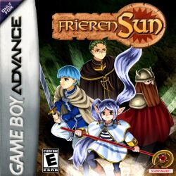 Rule 34 | 1girl, 3boys, beard, black robe, blue eyes, blue hair, brown hair, capelet, closed mouth, commentary, cover, eisen (sousou no frieren), elf, english commentary, esrb, facial hair, fake cover, frieren, glasses, gold trim, golden sun, green eyes, grey hair, heiter, helmet, himmel (sousou no frieren), holding, holding staff, holding sword, holding weapon, long hair, mole, mole under eye, multiple boys, pointy ears, robe, sousou no frieren, staff, stampingfeet, sword, twintails, video game cover, weapon, white capelet