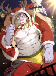 Rule 34 | 1boy, abs, animal costume, animal ears, bara, bare pectorals, blush, body fur, briefs, bulge, christmas, fang, fur-trimmed jacket, fur trim, furry, furry male, gift bag, grey fur, hat, highres, jacket, large pectorals, male focus, male underwear, mikky, muscular, muscular male, navel, navel hair, nimbus (world flipper), nipples, official alternate costume, open clothes, open jacket, orange eyes, pants, pectorals, red pants, reindeer costume, santa costume, santa hat, short hair, solo, stomach, tiger boy, tiger ears, underwear, undressing, white fur, world flipper, yellow male underwear
