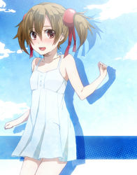 Rule 34 | 10s, 1girl, :d, alternate costume, bad id, bad nicoseiga id, blush, brown hair, collarbone, dress, hair ribbon, keita (tundereyuina), looking at viewer, open mouth, pink eyes, ribbon, short twintails, silica, smile, solo, sundress, sword art online, twintails